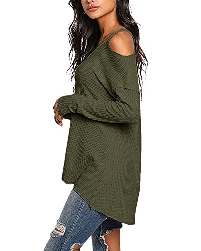 ACHIOOWA Mujer Camiseta Manga Larga Cuello V Oto?o Blusa Sin Hombros Punto Jersey Elegante Casual Tallas Grandes Suelto Oversize Top Shirt Ej¨¦rcito-Verde M