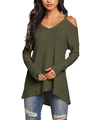 ACHIOOWA Mujer Camiseta Manga Larga Cuello V Oto?o Blusa Sin Hombros Punto Jersey Elegante Casual Tallas Grandes Suelto Oversize Top Shirt Ej¨¦rcito-Verde M