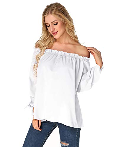 ACHIOOWA Mujer Camiseta Manga Larga Sexy Hombros Descubiertos Otoño Blusa Elegante Casual Top Shirt 814413-Blanco M