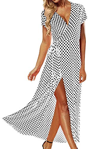 ACHIOOWA Mujer Vestido Elegante Casual Playa Bohemio Dress Lunares Cuello V Manga Corta Escote Fiesta Cóctel Falda Larga Blanco 2XL