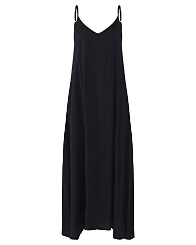 ACHIOOWA Mujer Vestido Elegante Playa Casual Dress Cuello V Sin Manga Túnica Sin Hombros Escote Punto Bolsillo Caftán Oversize Falda Larga Negro 2XL