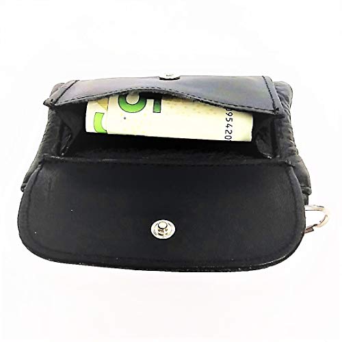 ACQ-Piel. Monedero Pequeño de Piel Hombre/Mujer con 2 Cremalleras, Llavero Interior y Bolsillo Exterior con Cierre a Botón. (Negro)