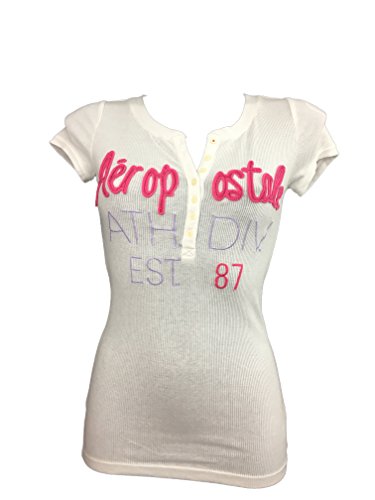 AEROPOSTALE Camiseta Henley de manga corta para mujer (blanco, mediano)