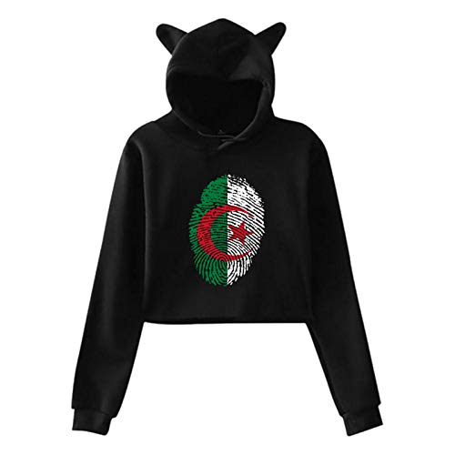 African Cup Champion Algeria Flag Fingerprint Cat Ear Hoodie Sweater Girls Crop Top Hip Hop Warm Cool(Medium,Black)