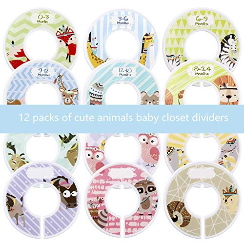 Afufu Separadores de Talla de Estante de Ropa, 12 Divisores de Vestuario para Bebés, Cosas para Bebe Organizador de Clóset Redondo Perfecto para Regalo de Baby Shower (Tema de Animales)