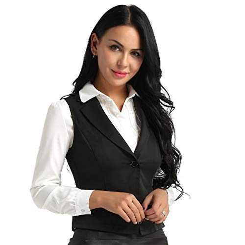 Agoky Chaleco Mujer Chica Vestimenta Classico Traje Formal de Fiesta Ceremonia Bautizo Boda Algodón Camisa sin Mangas V Cuello Botones Uniforme Camarera Suit Vest Waistcoat Negro Small