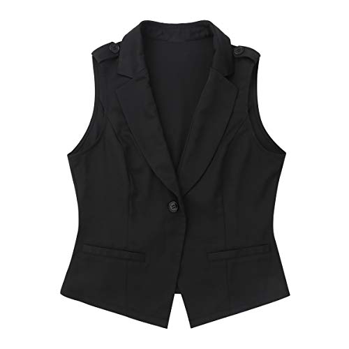 Agoky Chaleco Mujer Chica Vestimenta Classico Traje Formal de Fiesta Ceremonia Bautizo Boda Algodón Camisa sin Mangas V Cuello Botones Uniforme Camarera Suit Vest Waistcoat Negro Small