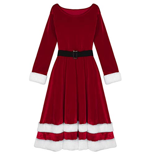 Agoky Traje de Navidad Mujer Vestido Largo de Princesa Manga Larga Disfraz de Papá Noel Fiesta Adulto Elegante Cosplay Santa Claus Christmas Dress Outfit Rojo 5X-Large