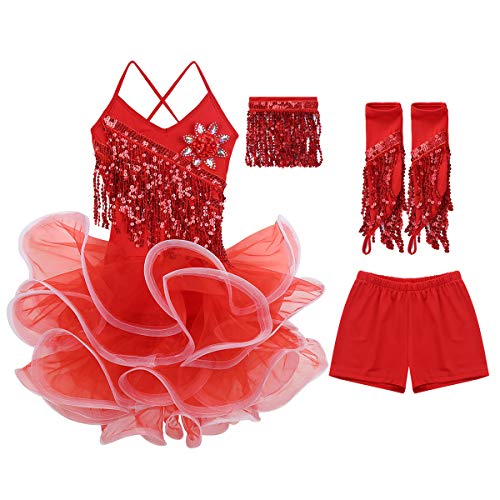 Agoky Vestido de Baile Latino Lentejuelas para Niña 4Pcs Vestido de Danza Flecos Traje de Salsa Rumba Samba Baile de Salón Disfraz Bailarina Fiesta Rojo A 7-8 años