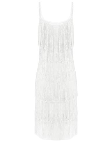 Agoky Vestido de Danza Latina Borlas para Mujer Vestido de Baile Salsa Flecos Traje de Rumba Samba Baile de Salón Vestido Fiesta Cóctel Disfraz Blanco XX-Large