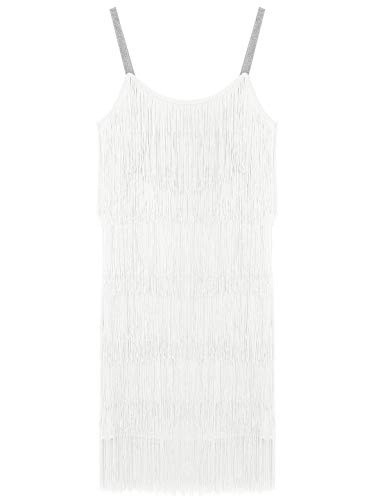 Agoky Vestido de Danza Latina Borlas para Mujer Vestido de Baile Salsa Flecos Traje de Rumba Samba Baile de Salón Vestido Fiesta Cóctel Disfraz Blanco XX-Large