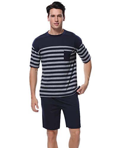 Aiboria Conjunto de Pijama para Hombre de Manga Corta Ropa de Dormir de Verano de algodón Suave Conjunto de salón de Rayas y Pantalones Cortos