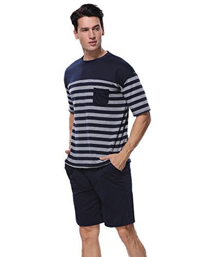 Aiboria Conjunto de Pijama para Hombre de Manga Corta Ropa de Dormir de Verano de algodón Suave Conjunto de salón de Rayas y Pantalones Cortos