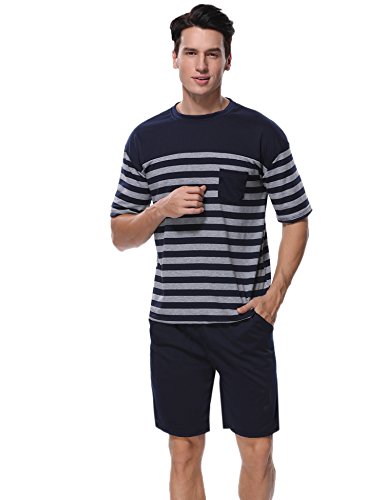 Aiboria Conjunto de Pijama para Hombre de Manga Corta Ropa de Dormir de Verano de algodón Suave Conjunto de salón de Rayas y Pantalones Cortos