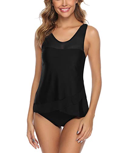Aibrou Bañador Mujer Blouson Tankini Traje de baño Impreso/Color Sólido Camiseta sin Mangas Top y Pantalones Cortos 2 Piezas Traje de baño Adelgazante Halter Volver Traje, (Negro, M)