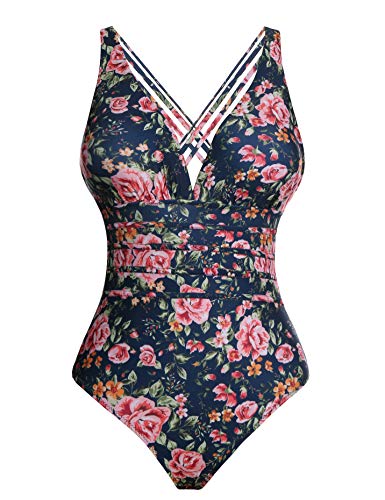Aibrou Bañador Mujer Sexy,Trajes de baño de Una Pieza Cuello en V Profundo bañador Flores Reductor Monokini  Verano Vacaciones Playa, (Azul Flor, L)