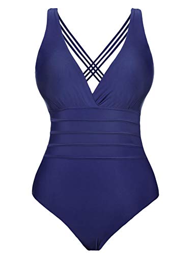 Aibrou Bañadores Mujer 2021 Trajes de Baño de Una Pieza Correas traseras Vendaje Bañadores Sexys Cuello en V Profundo Playa Monokini, (Azul Marino, XL)