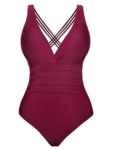 Aibrou Bañadores Mujer 2021 Trajes de Baño de Una Pieza Correas traseras Vendaje Bañadores Sexys Cuello en V Profundo Playa Monokini, (Vino Tinto, XL)