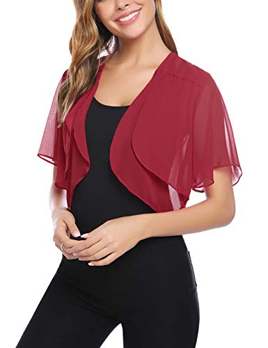 Aibrou Bolero para Mujer Ruffle Manga Corta Chiffon Torera Shrug Frente,Cardigan de Gasa Casual,Fiesta de Bodas Chaqueta Corta Verano,(Vino Tinto-Manga Corta,S)