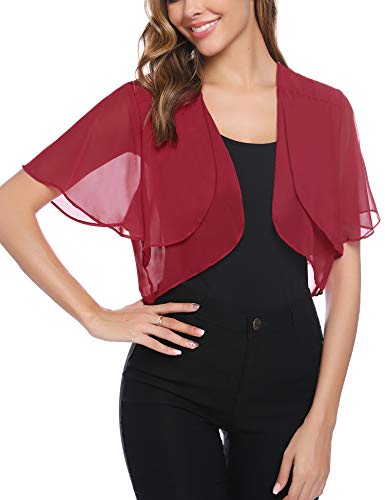 Aibrou Bolero para Mujer Ruffle Manga Corta Chiffon Torera Shrug Frente,Cardigan de Gasa Casual,Fiesta de Bodas Chaqueta Corta Verano,(Vino Tinto-Manga Corta,S)