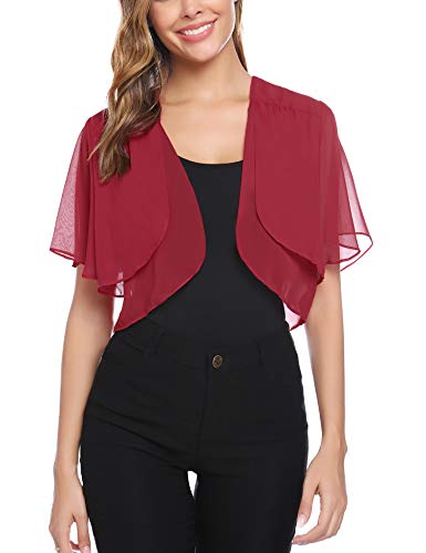 Aibrou Bolero para Mujer Ruffle Manga Corta Chiffon Torera Shrug Frente,Cardigan de Gasa Casual,Fiesta de Bodas Chaqueta Corta Verano,(Vino Tinto-Manga Corta,S)