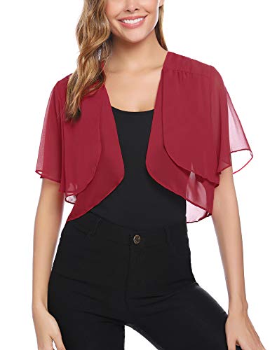 Aibrou Bolero para Mujer Ruffle Manga Corta Chiffon Torera Shrug Frente,Cardigan de Gasa Casual,Fiesta de Bodas Chaqueta Corta Verano,(Vino Tinto-Manga Corta,S)