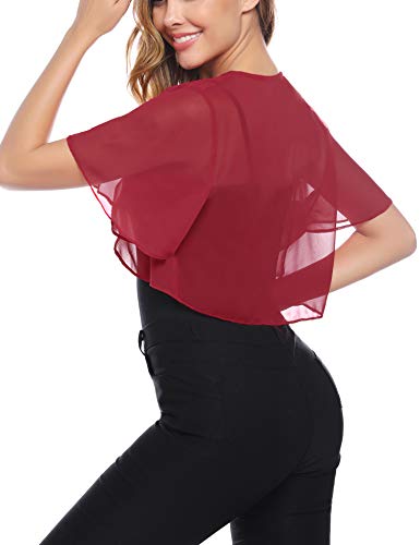 Aibrou Bolero para Mujer Ruffle Manga Corta Chiffon Torera Shrug Frente,Cardigan de Gasa Casual,Fiesta de Bodas Chaqueta Corta Verano,(Vino Tinto-Manga Corta,S)