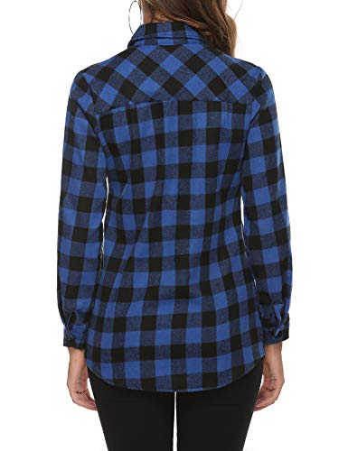 Aibrou Camisa de Cuadros para Mujer,Algodón Blusas Franela de Manga Larga Casual Clásica con Botones,Camisas a Cuadras para Primavera Otoño Invierno (Azul Oscuro, M)