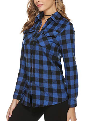 Aibrou Camisa de Cuadros para Mujer,Algodón Blusas Franela de Manga Larga Casual Clásica con Botones,Camisas a Cuadras para Primavera Otoño Invierno (Azul Oscuro, M)