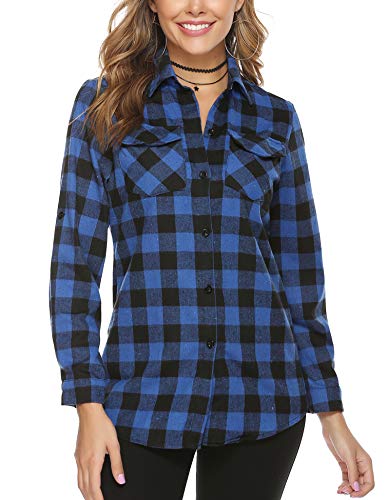 Aibrou Camisa de Cuadros para Mujer,Algodón Blusas Franela de Manga Larga Casual Clásica con Botones,Camisas a Cuadras para Primavera Otoño Invierno (Azul Oscuro, M)