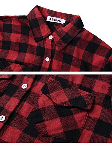 Aibrou Camisa de Cuadros para Mujer,Algodón Blusas Franela de Manga Larga Casual Clásica con Botones,Camisas a Cuadras para Primavera Otoño Invierno (Rojo, M)