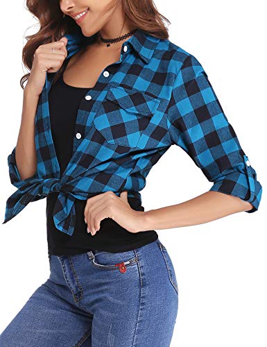 Aibrou Camisa Franela de Cuadros Mujer,Blusa Casual Camisas  Clásica Manga Larga con Botones,Ropa de Trabajo de Equipo  para Primavera Otoño Invierno (Azul, M)