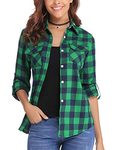 Aibrou Camisa Franela de Cuadros Mujer,Blusa Casual Camisas  Clásica Manga Larga con Botones,Ropa de Trabajo de Equipo  para Primavera Otoño Invierno (Verde, XL)