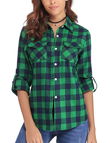 Aibrou Camisa Franela de Cuadros Mujer,Blusa Casual Camisas  Clásica Manga Larga con Botones,Ropa de Trabajo de Equipo  para Primavera Otoño Invierno (Verde, XL)