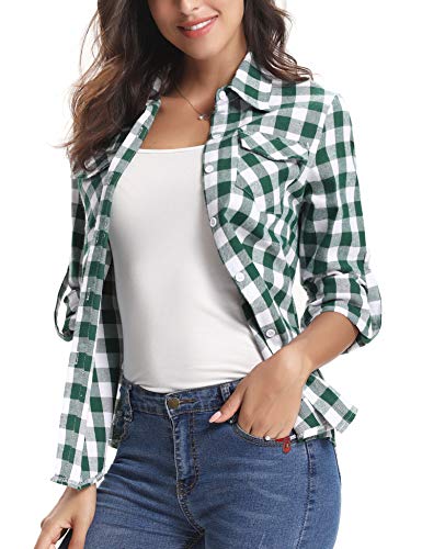 Aibrou Camisa Franela de Cuadros Mujer,Blusa Casual Camisas  Clásica Manga Larga con Botones,Ropa de Trabajo de Equipo  para Primavera Otoño Invierno (Verde Blanco, XL)