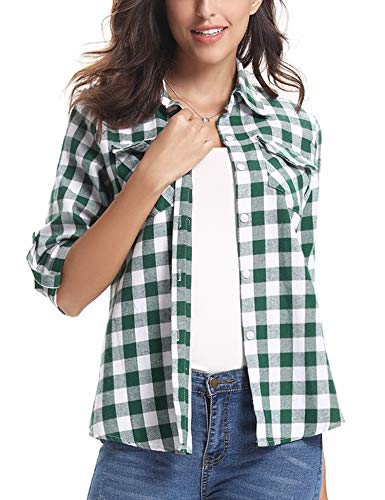 Aibrou Camisa Franela de Cuadros Mujer,Blusa Casual Camisas  Clásica Manga Larga con Botones,Ropa de Trabajo de Equipo  para Primavera Otoño Invierno (Verde Blanco, XL)