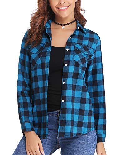 Aibrou Camisa Franela de Cuadros Mujer,Blusa Casual Camisas  Clásica Manga Larga con Botones,Ropa de Trabajo de Equipo  para Primavera Otoño Invierno (Azul, S)