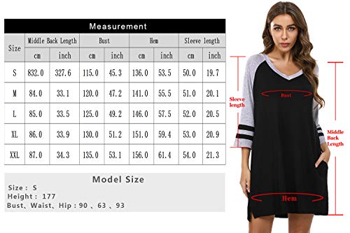 Aibrou Camisón Mujer, Camisones de Algodon Modal Color de Costura Cuello en V, Mujer Camison Talla Grande con Bolsillo, Manga 3/4 Loungewear Pijama Vestido per Hogar Casual Las Vacaciones