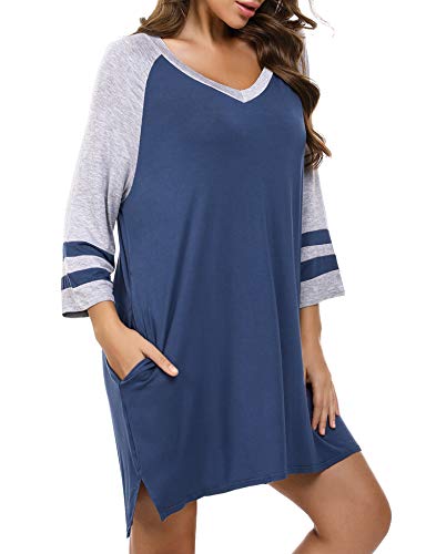 Aibrou Camisón Mujer, Camisones de Algodon Modal Color de Costura Cuello en V, Mujer Camison Talla Grande con Bolsillo, Manga 3/4 Loungewear Pijama Vestido per Hogar Casual Las Vacaciones