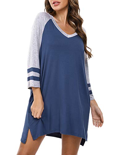 Aibrou Camisón Mujer, Camisones de Algodon Modal Color de Costura Cuello en V, Mujer Camison Talla Grande con Bolsillo, Manga 3/4 Loungewear Pijama Vestido per Hogar Casual Las Vacaciones