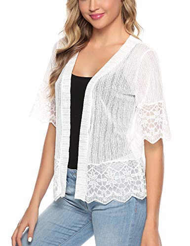 Aibrou Cárdigan de Encaje de Manga Corta para Mujer,Chaquetas Ganchillo Suelto,Chaqueta Kimono Playa,Vacaciones Playa Chal Camisolas y Pareos para Verano, (Blanco, L)