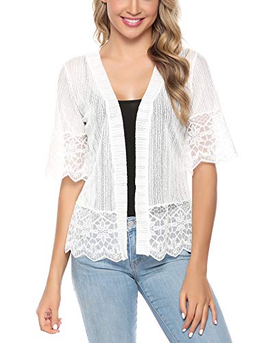 Aibrou Cárdigan de Encaje de Manga Corta para Mujer,Chaquetas Ganchillo Suelto,Chaqueta Kimono Playa,Vacaciones Playa Chal Camisolas y Pareos para Verano, (Blanco, XXL)