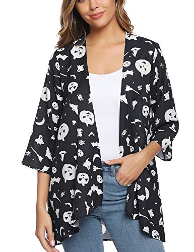Aibrou Cárdigan Kimonos Mujer Camisolas y Pareos Pareo Playa,Cardigan Verano Manga 3/5 Tops Blusa Floral Suelta,Vacaciones Playa Chal,(Halloween 1, S)