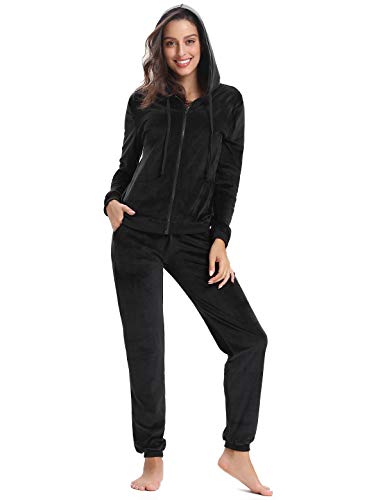 Aibrou Chandal Mujer Completo de Terciopelo,Conjunto Chándal Talla Grande,Sudadera con Capucha Cremallera con Pantalón,Conjunto Deportivo de Terciopelo,Pijamas, (Negro, S)