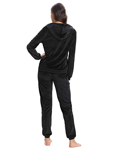 Aibrou Chandal Mujer Completo de Terciopelo,Conjunto Chándal Talla Grande,Sudadera con Capucha Cremallera con Pantalón,Conjunto Deportivo de Terciopelo,Pijamas, (Negro, L)