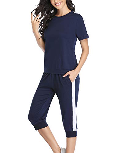 Aibrou Chandal Mujer Completo,Conjunto Chándal Sudadera Manga corta y 3/4 Pantalones Piratas,Trajes de 2 Piezas Deporta Moda de Manga Larga Ropa de salón Corredores,( Armada,M )