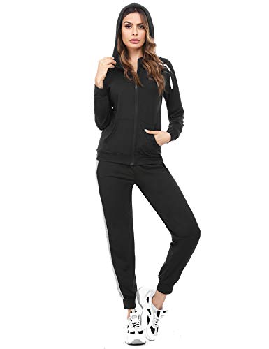 Aibrou Conjunto Chándal de Mujer Sudadera con Cremallera y Pantalones, Trajes de 2 Piezas Deporta Moda de Manga Larga Ropa de salón Corredores, (Negro , XL)