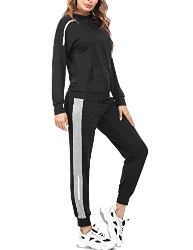Aibrou Conjunto Chándal de Mujer Sudadera con Cremallera y Pantalones, Trajes de 2 Piezas Deporta Moda de Manga Larga Ropa de salón Corredores, (Negro , XL)