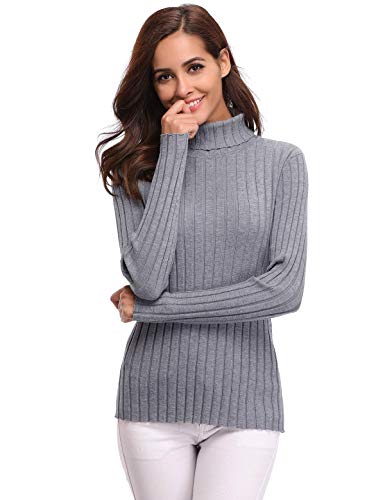 Aibrou Jersey de Cuello Alto para Mujer Sólido Ligero Suave Elástico Manga Larga Pull-Over Suéter （  Gris ， M ）