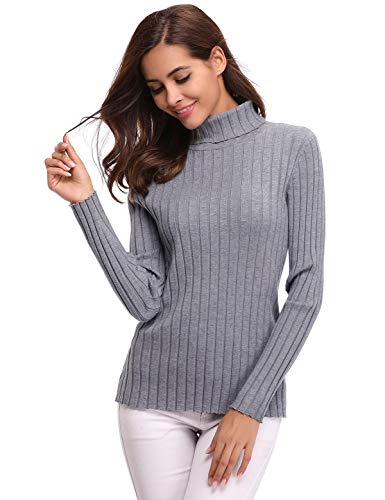 Aibrou Jersey de Cuello Alto para Mujer Sólido Ligero Suave Elástico Manga Larga Pull-Over Suéter （  Gris ， M ）